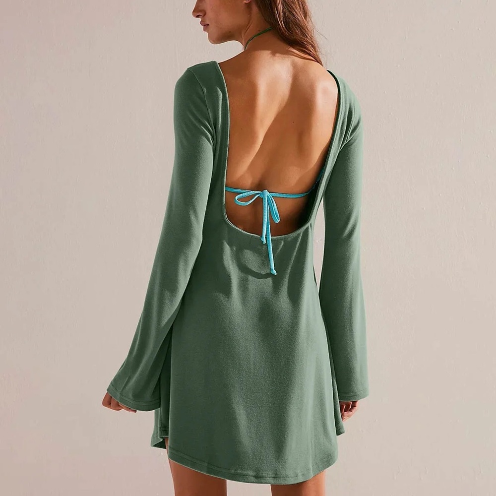 Free People Rosalia Beach Boho Open Back Long Sleeve Green viscose Mini Dress